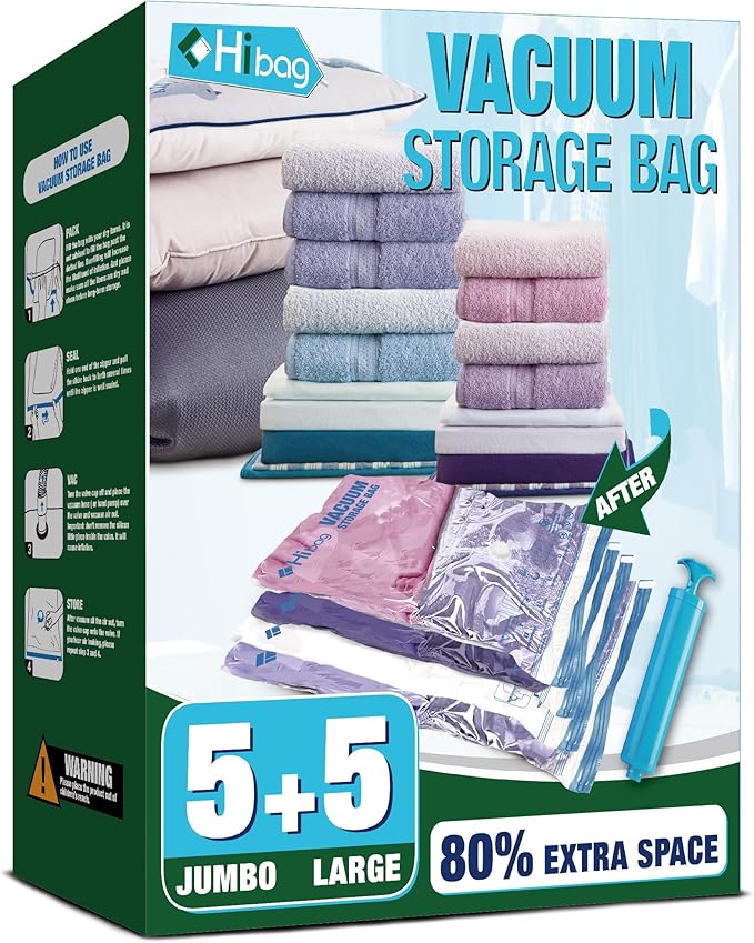 HIBAG Vacuum Storage Bags, 10 Jumbo Space Saver Vacuum Seal Bags, Space Bags, Vacuum Sealer Bags for Clothes, Comforters, Blankets, Bedding (10J)