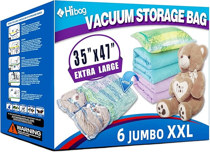 HIBAG Vacuum Storage Bags, 10 Jumbo Space Saver Vacuum Seal Bags, Space Bags, Vacuum Sealer Bags for Clothes, Comforters, Blankets, Bedding (10J)