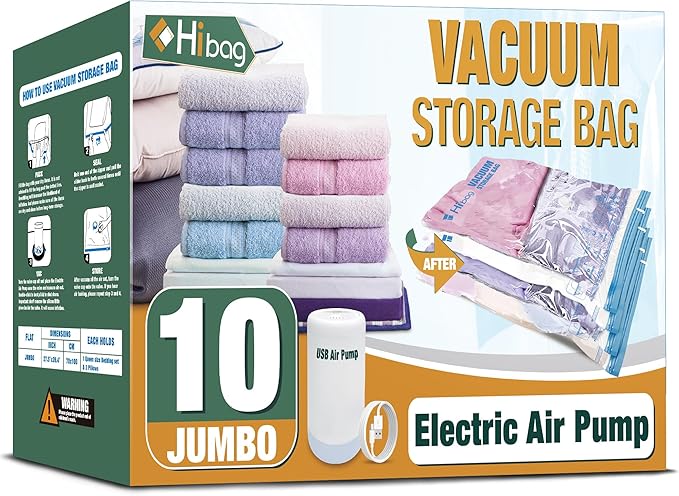 HIBAG Vacuum Storage Bags, 10 Jumbo Space Saver Vacuum Seal Bags, Space Bags, Vacuum Sealer Bags for Clothes, Comforters, Blankets, Bedding (10J)