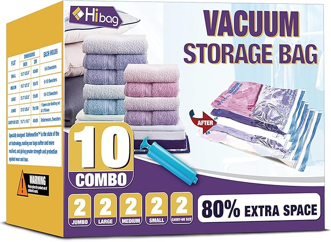 HIBAG Vacuum Storage Bags, 10 Jumbo Space Saver Vacuum Seal Bags, Space Bags, Vacuum Sealer Bags for Clothes, Comforters, Blankets, Bedding (10J)