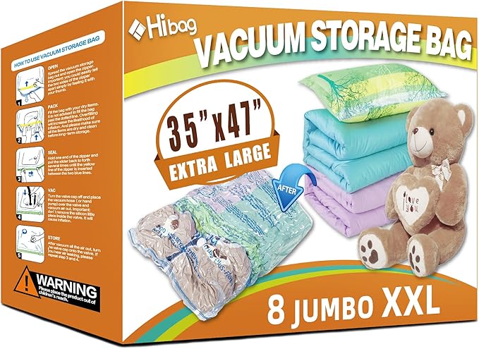 HIBAG Vacuum Storage Bags, 10 Jumbo Space Saver Vacuum Seal Bags, Space Bags, Vacuum Sealer Bags for Clothes, Comforters, Blankets, Bedding (10J)