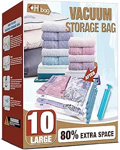 HIBAG Vacuum Storage Bags, 10 Jumbo Space Saver Vacuum Seal Bags, Space Bags, Vacuum Sealer Bags for Clothes, Comforters, Blankets, Bedding (10J)