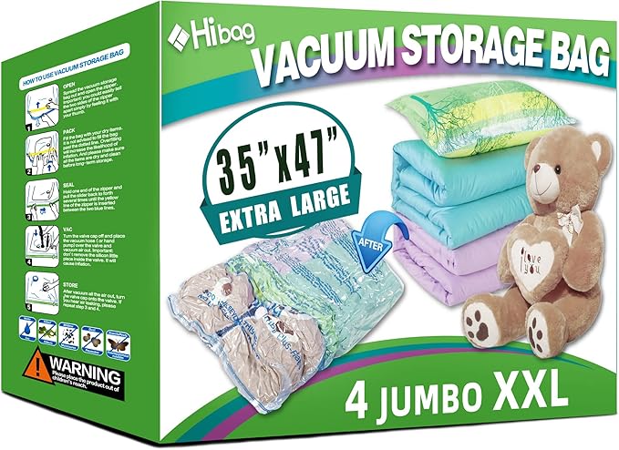 HIBAG Vacuum Storage Bags, 10 Jumbo Space Saver Vacuum Seal Bags, Space Bags, Vacuum Sealer Bags for Clothes, Comforters, Blankets, Bedding (10J)