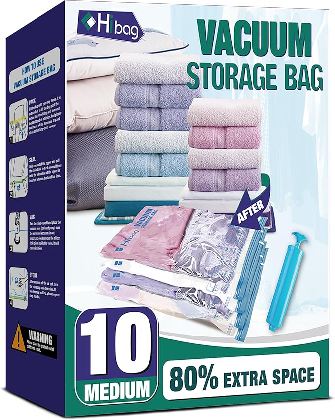 HIBAG Vacuum Storage Bags, 10 Jumbo Space Saver Vacuum Seal Bags, Space Bags, Vacuum Sealer Bags for Clothes, Comforters, Blankets, Bedding (10J)